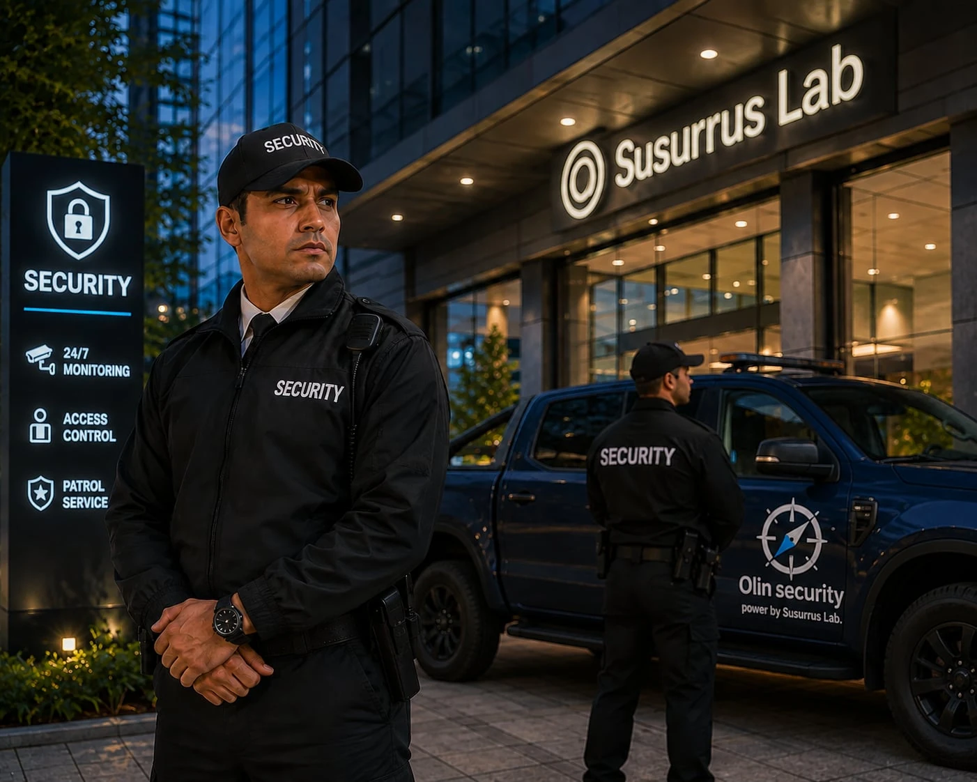 Security officers and patrol vehicle outside Susurrus Lab