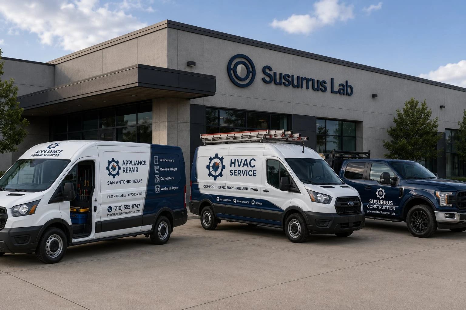 Service vans and construction truck outside Susurrus Lab